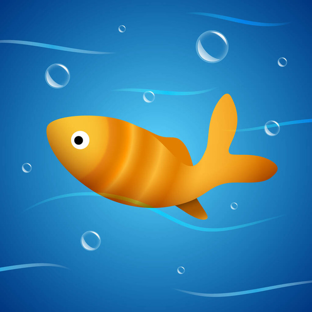 Golden fish swimming in the blue water with waves and bubbles. Goldfish vector illustration - Vector, Image