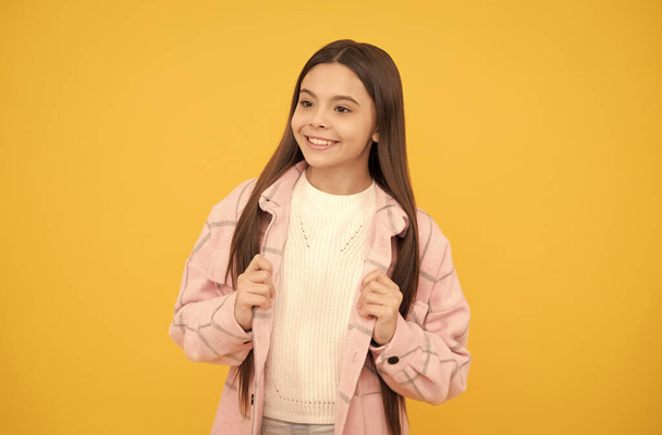 happy kid girl wear pink checkered shirt, fashion - Fotoğraf, Görsel