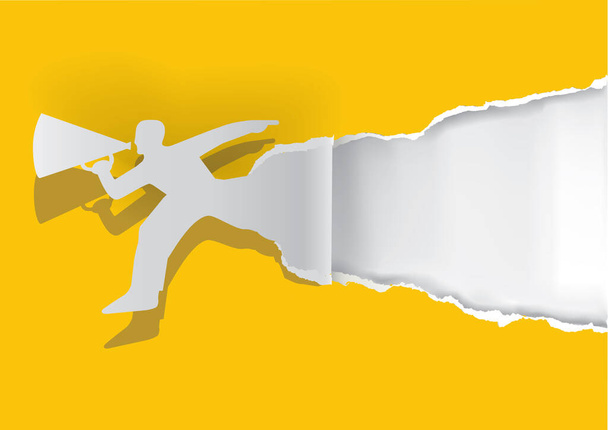 Uomo in corsa con megafono che strappa carta gialla. Illustrazione della silhouette maschile di carta strappata. Modello per banner, luogo per il testo o l'immagine. Vettore disponibile. - Vettoriali, immagini