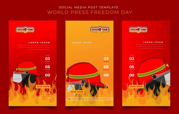 Набор шаблонов постов в социальных сетях на фоне переполнения огня с дизайном шлема пожарного - Вектор,изображение