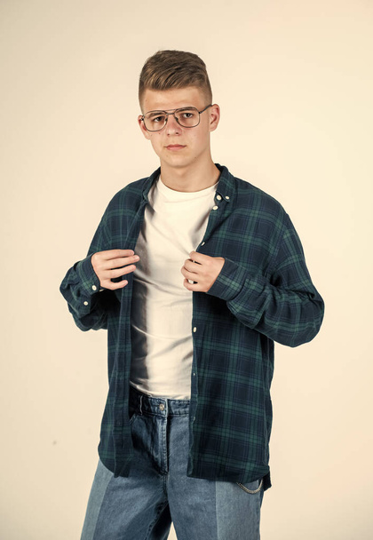 teen boy wear checkered casual shirt and glasses isolated on white, fashion - Φωτογραφία, εικόνα