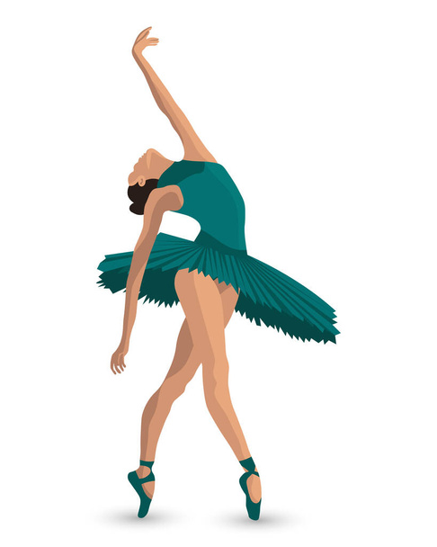 Illustration, tanzende Ballerina im grünen Kleid, elegante Pose auf weißem Hintergrund. Plakat, Clip Art, Design für Ballettstudio - Vektor, Bild
