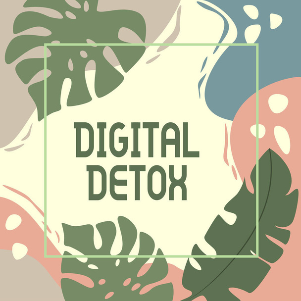 Dijital Detox işaretini gösteren ilham. Elektronik Aygıtlardan Kurulmamış İnternet Konsepti Soyut Modernize Formlar Çiçekleri ve Yeşilliklerle süslenmiş Boş Çerçeve Bağlantısını Yeniden Bağla. - Fotoğraf, Görsel