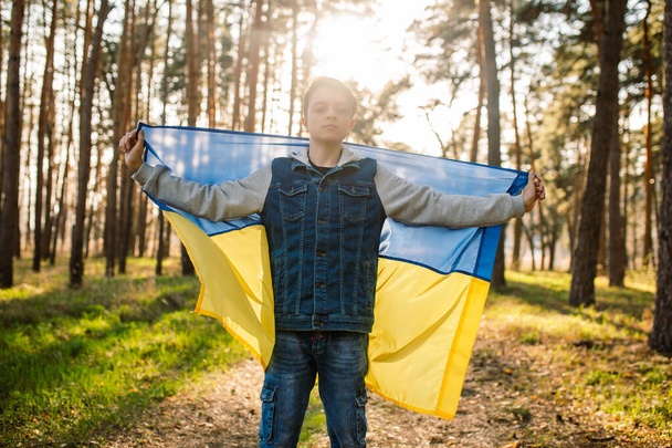 A young man with a waving Ukrainian flag in the forest. A boy with a blue and yellow flag at sunset. Peace concept. No war - 写真・画像