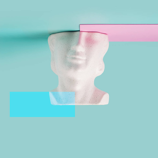 Glitch Art sfondo geometrico con forme blu e rosa su una scultura testa. Futurismo retrò concetto artistico. - Foto, immagini