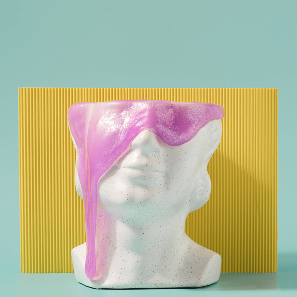 Art deco sculpture head with purple slime dripping with yellow corrugated background. Surreal retro futurism concept. - 写真・画像