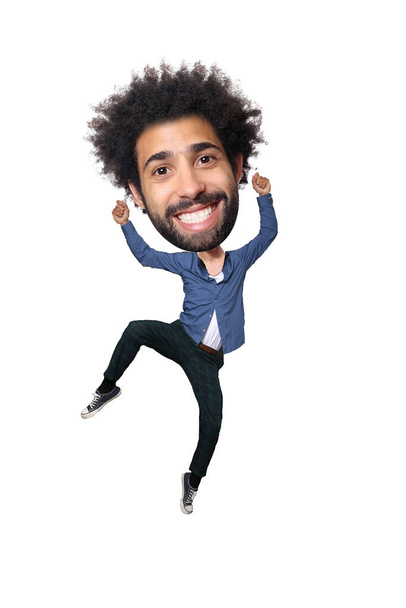 Man jumping in front of a white background with a big Head and jumping - Photo, image