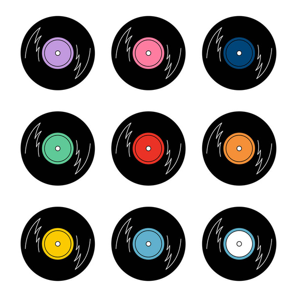 Conjunto de discos de vinilo. Dibujos animados dibujados a mano estilo garabato. Discos de música vintage. Pegatinas retro. Ilustración vectorial. - Vector, Imagen