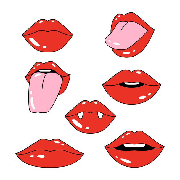 Comic female red lips. Cartoon style. Hand drawn mouths with smile, tongue out, vampires teeth. Vector illustration. - Vector, Image