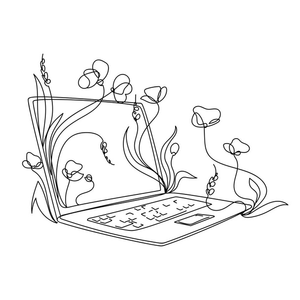 Notebook with plants and flowers outline vector illustration.Plants growing from laptop  - Вектор,изображение