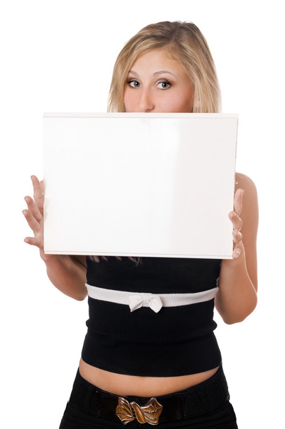 Surprised woman holding white board - Photo, Image