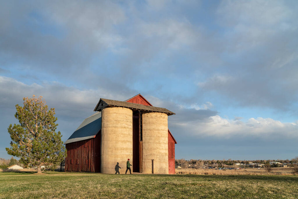male walker at old red barn with twin silo in Colorado foothills, early spring scenery at sunset, public Shenandoah Park in Fort Collins - Zdjęcie, obraz