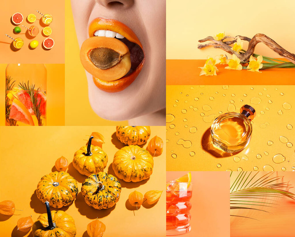 Colagem com diferentes objetos em cores laranja - Foto, Imagem