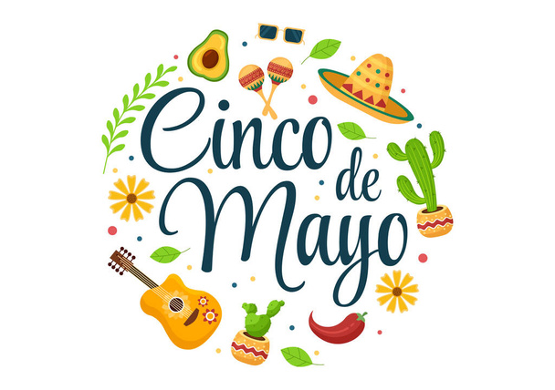 Cinco de Mayo Meksika Tatil Karikatürü Karikatür Tarzı Kaktüs, Gitar, Sombrero ve Poster ve Tebrik Kartı İçin Tekila İçme - Vektör, Görsel