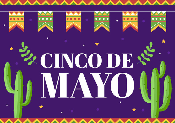 Cinco de Mayo Mexicaanse vakantie viering cartoon stijl illustratie met cactus, gitaar, sombrero en drinken tequila voor poster of wenskaart - Vector, afbeelding