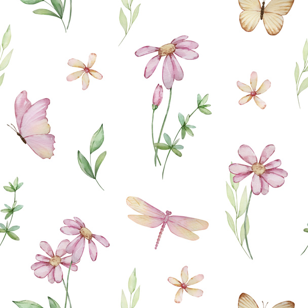 Watercolor seamless pattern of butterflies and spring flowers with leaves - Foto, afbeelding