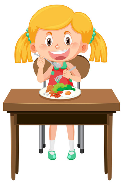 Χαριτωμένο κορίτσι χαρακτήρα κινουμένων σχεδίων τρώει πρωινό εικόνα - Διάνυσμα, εικόνα