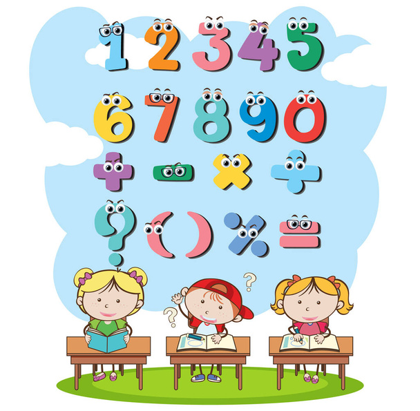 Contar los números 0 a 9 y símbolos matemáticos para niños ilustración - Vector, Imagen