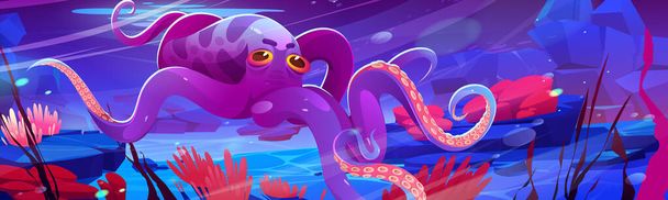 Octopus, underwater animal with pink skin at sea - Vector, afbeelding