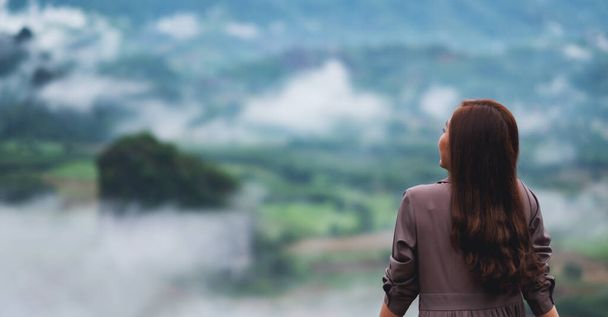 Rear view image of a female traveler looking at a beautiful foggy mountain and nature view - Zdjęcie, obraz