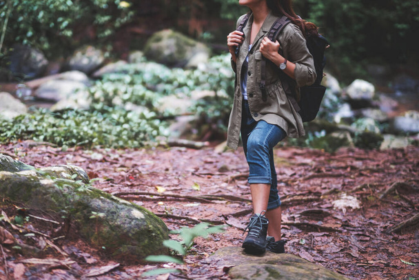 Жінка-мандрівник з рюкзаком, що йде в ліс
 - Фото, зображення