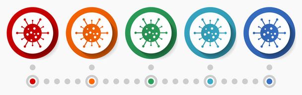 Coronavirus omicron, flu concept vector icon set, infographic template, flat design colorful web buttons in 5 color options - Vetor, Imagem