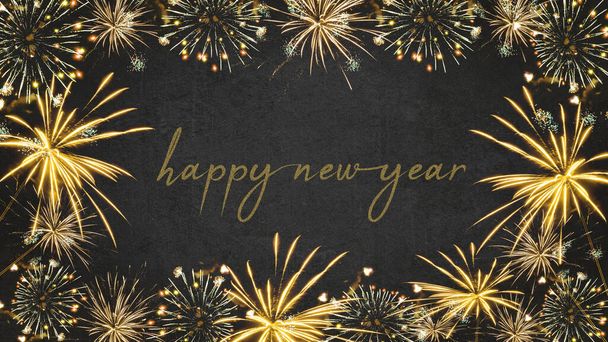 HAPPY NEW YEAR 2023 - Festive silvester New Year's Eve Party background greeting card - Golden fireworks in the dark black night - Photo, Image