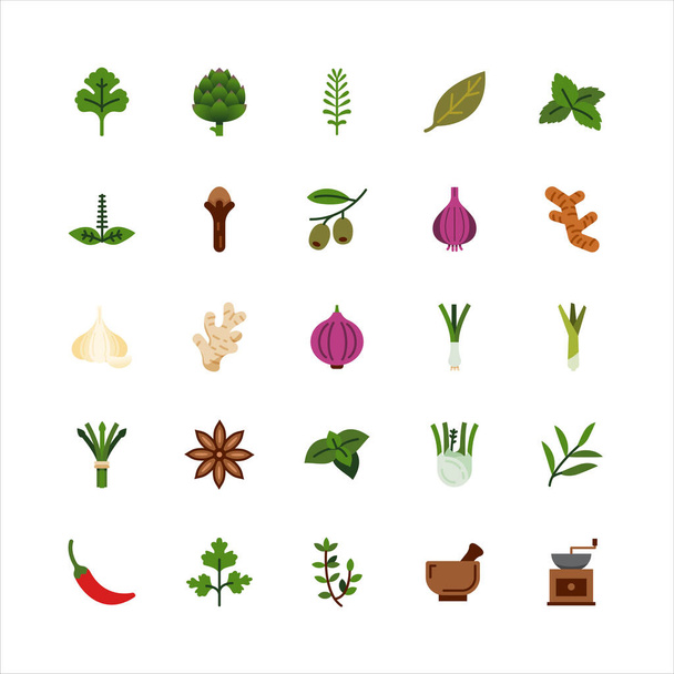 Bundle of Spices, condiments and herbs flat color icons collection. simple design vector. - ベクター画像