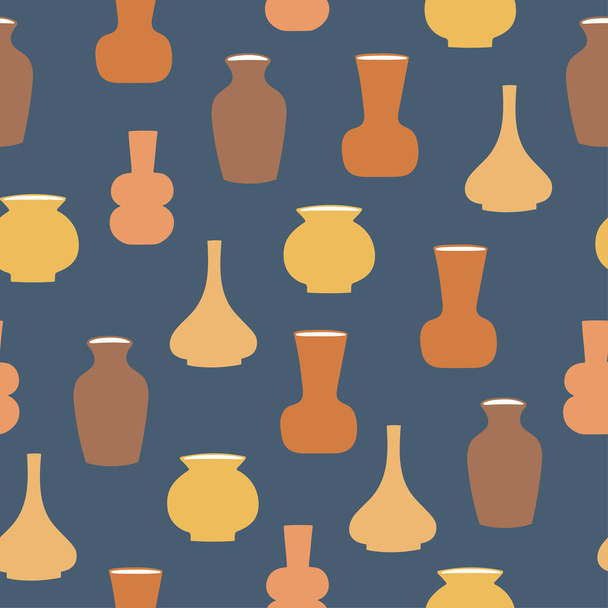 Seamless pattern of hand drawn vases. Clay pottery in pastel colors on blue background  - Vector, afbeelding