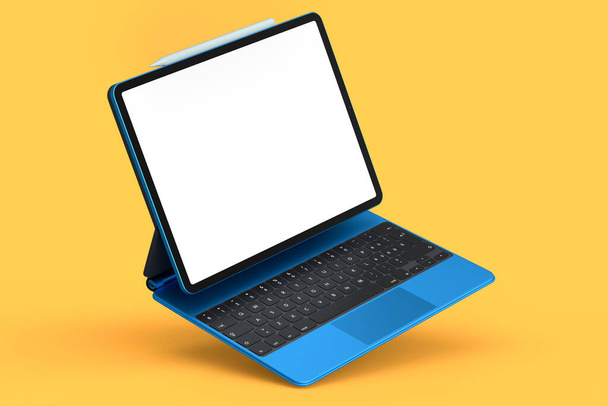 Синій планшет комп'ютера з клавіатурою та порожнім екраном ізольовано на помаранчевому фоні. Концепція 3D візуалізації креативного дизайнерського обладнання та компактного робочого простору
 - Фото, зображення