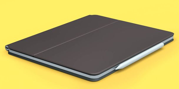 Computer tablet with brown cover case and pencil isolated on yellow background. 3D rendering concept of creative designer equipment and compact workspace - Photo, Image