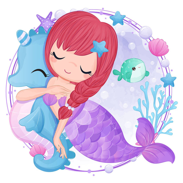 Schattige kleine zeemeermin in aquarel illustratie - Vector, afbeelding