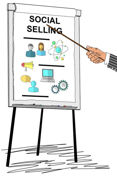 Hand tonen social selling concept op een flip-over - Foto, afbeelding