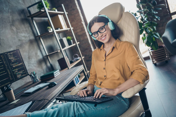 Photo of positive smart editor lady sitting chair keyboard write operating security workstation inside - Fotoğraf, Görsel