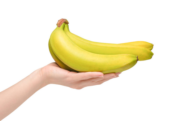Egy csomó banán egy nő kezében elszigetelve egy fehér háttér. - Fotó, kép