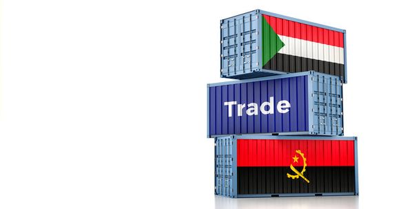 Cargo containers with Angola and Sudan national flags. 3D Rendering - Zdjęcie, obraz