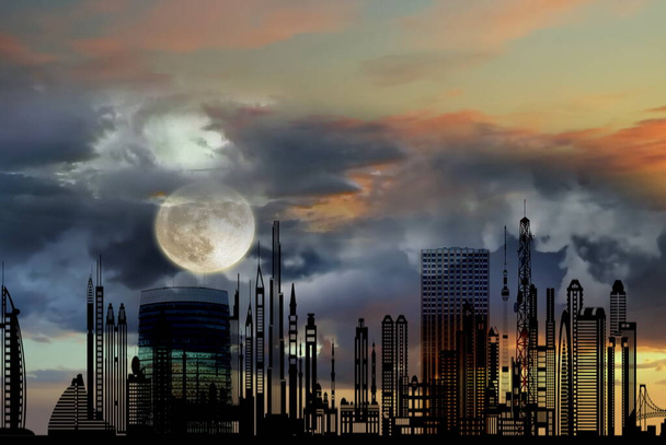  night city silhouette of the night city and houses at  orange pink  sunset blue cloudy night sky urban background  - Photo, Image