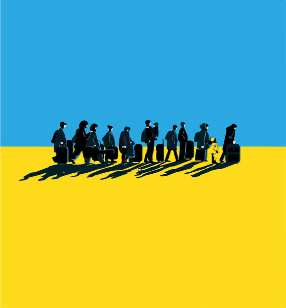   Силуети біженців на синьо-жовтому тлі, зупинка війни та концепція миру в Україні - Вектор, зображення