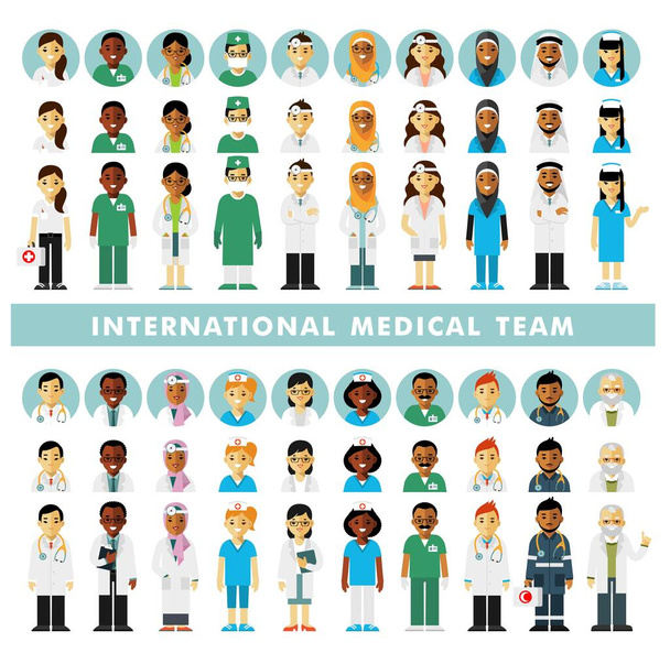 Группа врачей, медсестер, медицинский персонал. Медицинская консультация и диагностика - Вектор,изображение