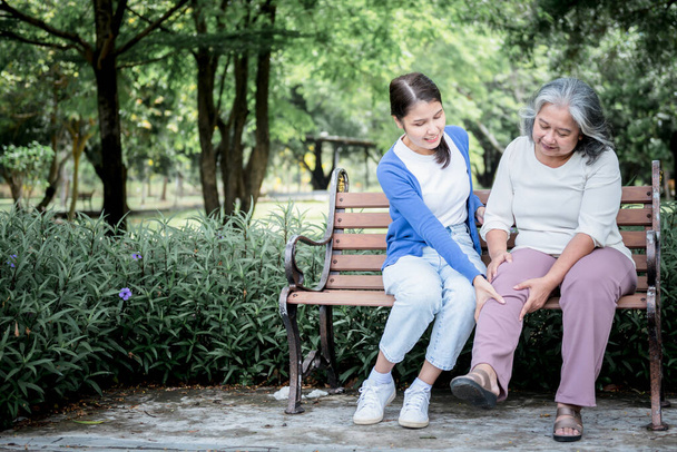 Asyalı bir ailenin portre resimleri, yaşlılara ve sağlık hizmetleri kavramına kadar annenin dizlerini sıkarak bahçedeki bir sandalyede dinlenirken yaşlı bir anneye bakan kız çocuğu.. - Fotoğraf, Görsel