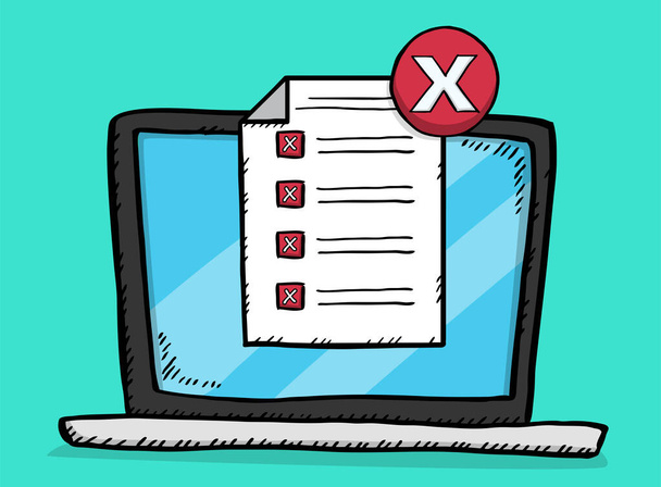 Hand drawn doodle vector illustration of checklist with all bad answers on laptop screen - Vector, Image
