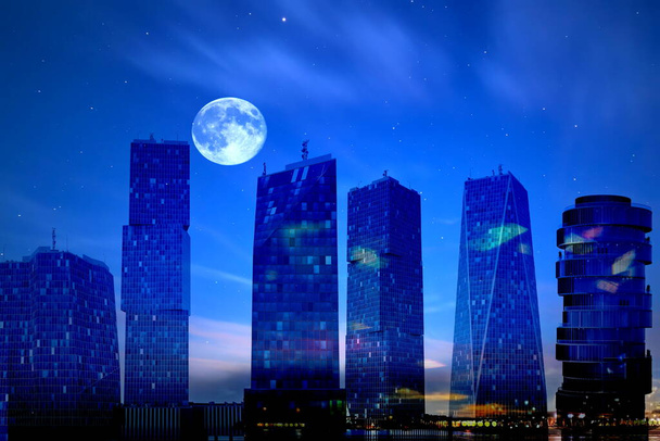 city on sunset  modern buildings silhouette of the blue  night  and moon light and houses at  orange pink  sunset blue cloudy night sky - Photo, Image
