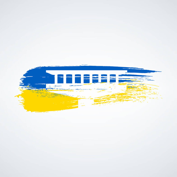 Irpin Evakuierungsbrücke in der Ukraine Nationalflagge Farben Logo Vorlage. Braves ukrainisches Symbol, russischer ukrainischer Krieg. Aktienvektorabbildung isoliert auf weißem Hintergrund. - Vektor, Bild