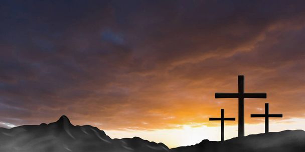 Crucifixión de Jesucristo., Tres siluetas de cruz en el monte al atardecer
 - Foto, imagen