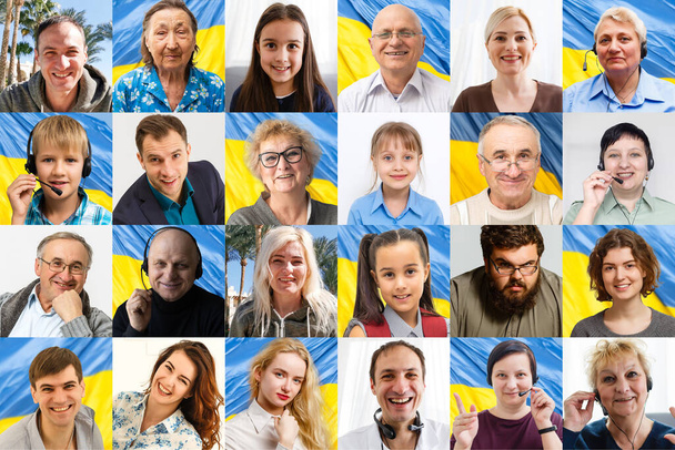 Коллаж многих улыбающихся счастливых людей детей с украинскими флагами. Баннер - Фото, изображение