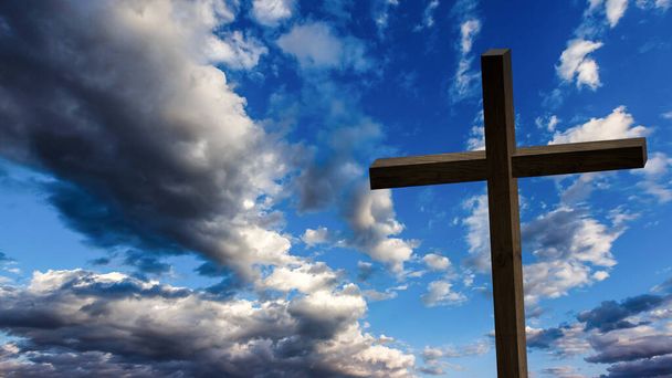 Ježíši Kriste kříž. Velikonoce, vzkříšení koncept. Křesťanské dřevěný kříž na pozadí dramatické osvětlení, barevné horský západ slunce, tmavé mraky a obloha, sluneční paprsky. - Fotografie, Obrázek
