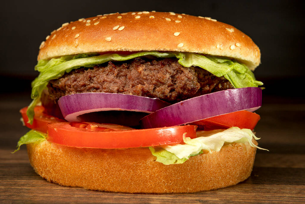 burger on dark background with french fries - Φωτογραφία, εικόνα