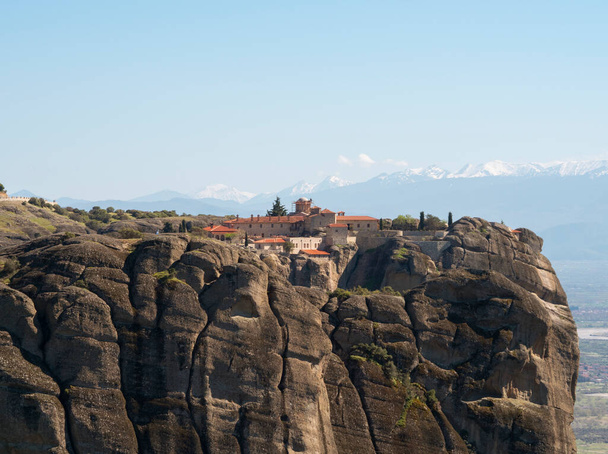 Panoramic View of the Holy Trinity Monastery in the Meteora Mountains in Greece - 写真・画像