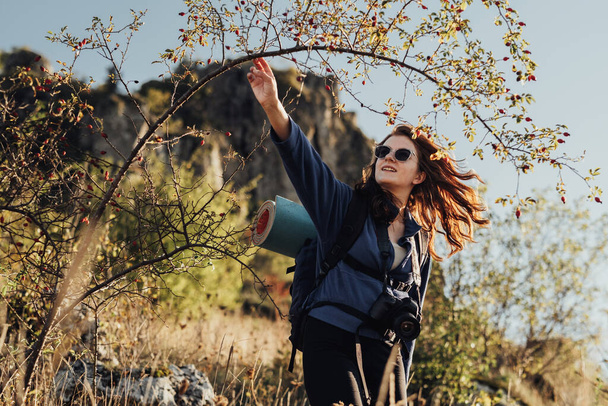 Joven mujer alegre de viaje en gafas de sol con mochila con alfombra de camping y cámara digital en una correa que hace su camino a través de los matorrales durante su caminata - Foto, imagen