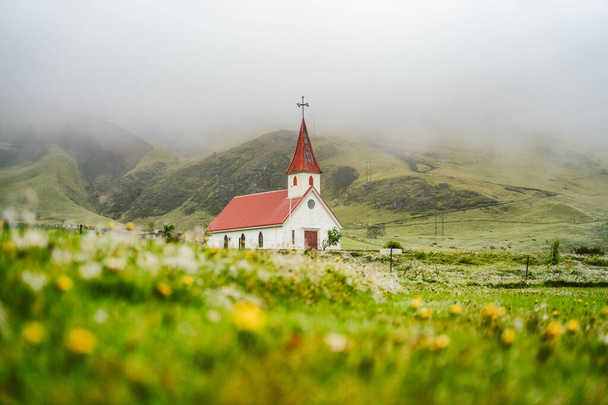 Typical Rural Icelandic Church with red roof in Vik region. Iceland. Blossom flower and foliage in foreground. - Foto, imagen